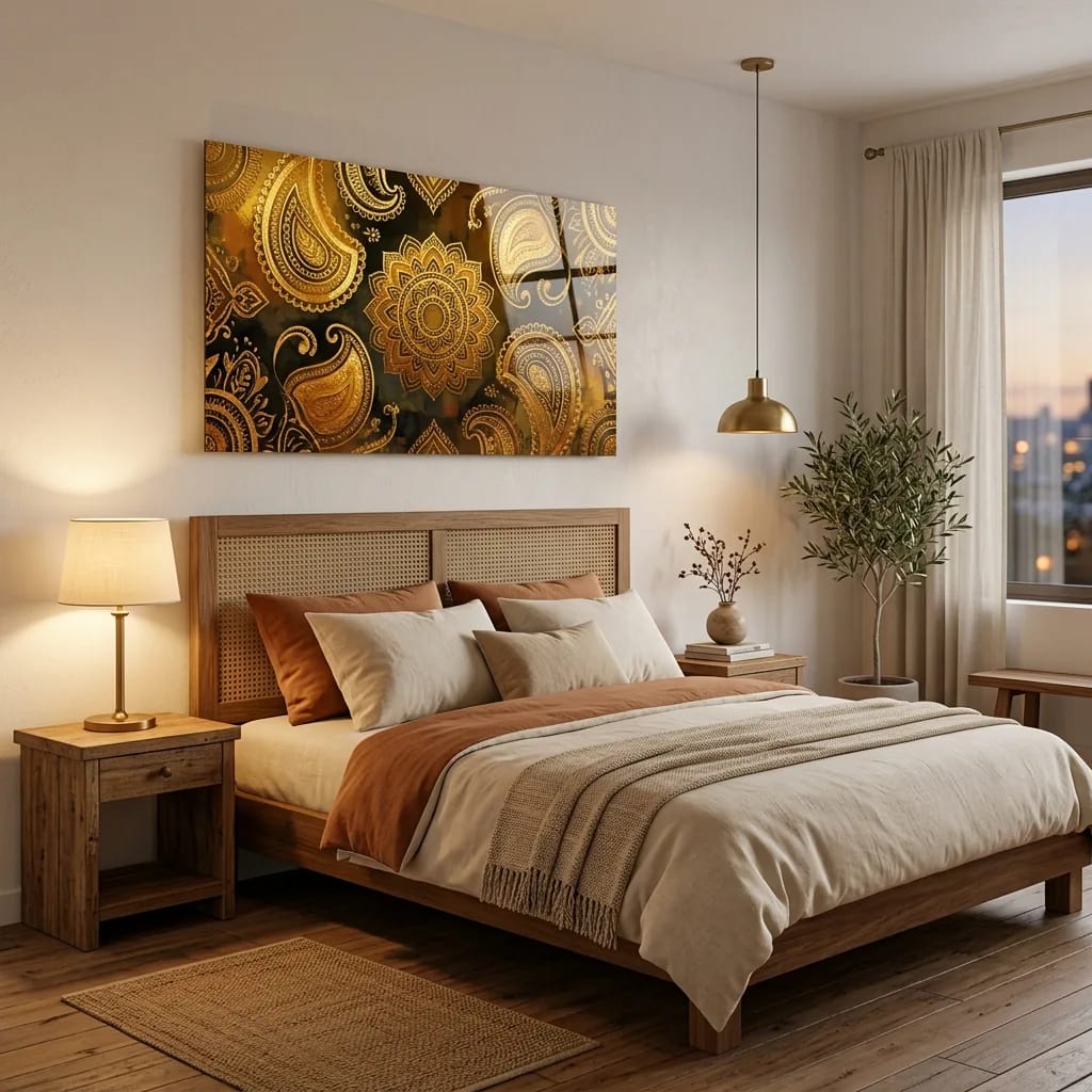Minimal Bedroom with Gold UV-printed Acrylic Art