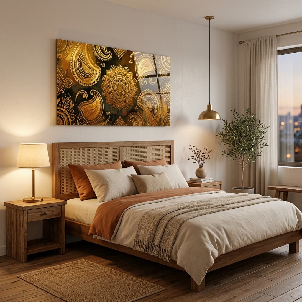 Minimal Bedroom with Gold UV-printed Acrylic Art