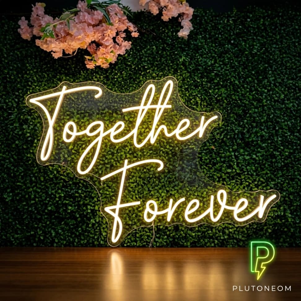 custom warm white together forever neon sign for wedding backdrop